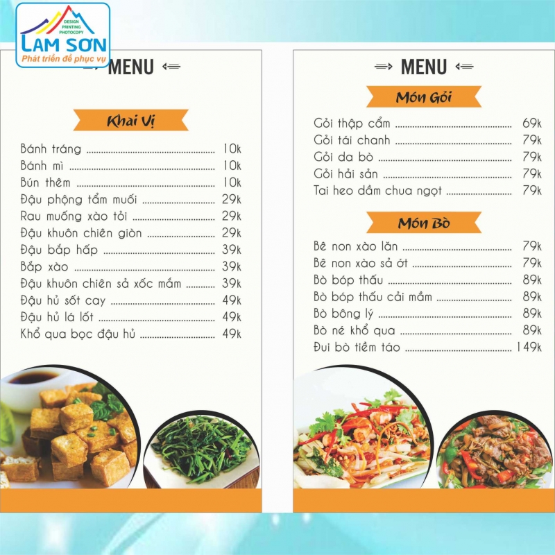Mẫu menu - In Lam Sơn -  Công Ty TNHH Một Thành Viên In Photocopy Lam Sơn